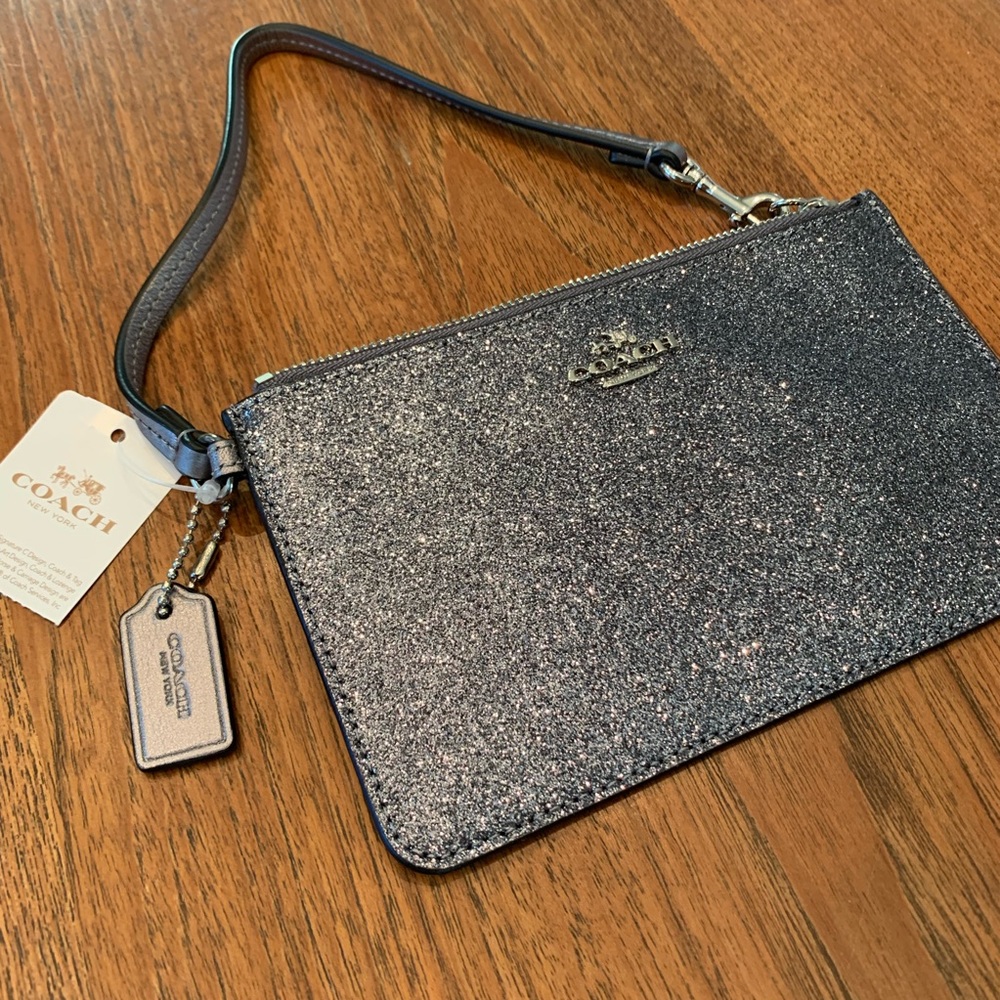 Coach NWT charcoal gray / silver glitter wristlet